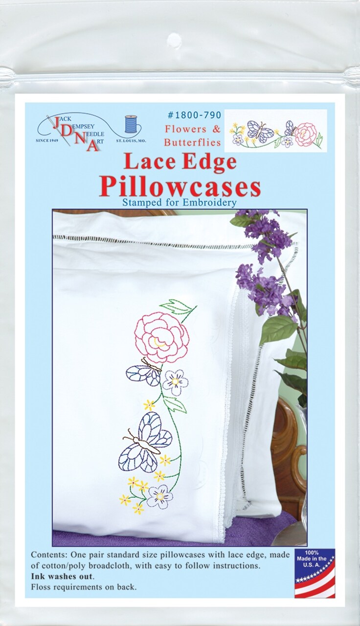 Jack Dempsey Stamped Pillowcases W/White Lace Edge 2/Pkg-Flowers & Butterflies